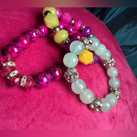 Handmade Beaded Bracelet Set of 3 Blue and Purple Stretch 0776 P - Picture 2 of 5